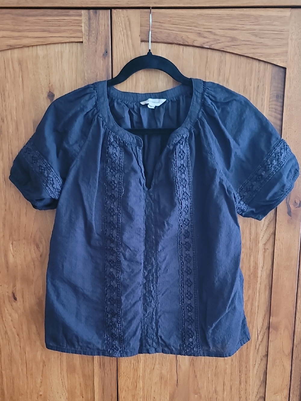 Lucky Brand Cotton Women’s Black Lace-Trim Short Sleeve Top